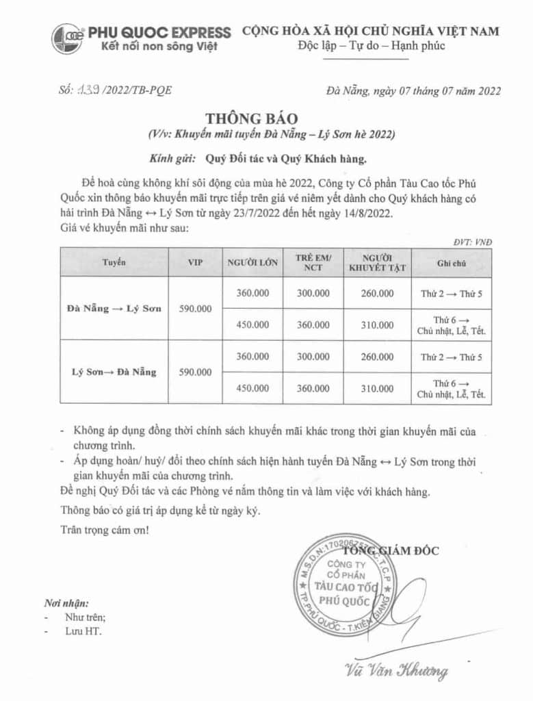 Khuyến mãi giá vé tàu cao tốc Đà Nẵng - Lý Sơn