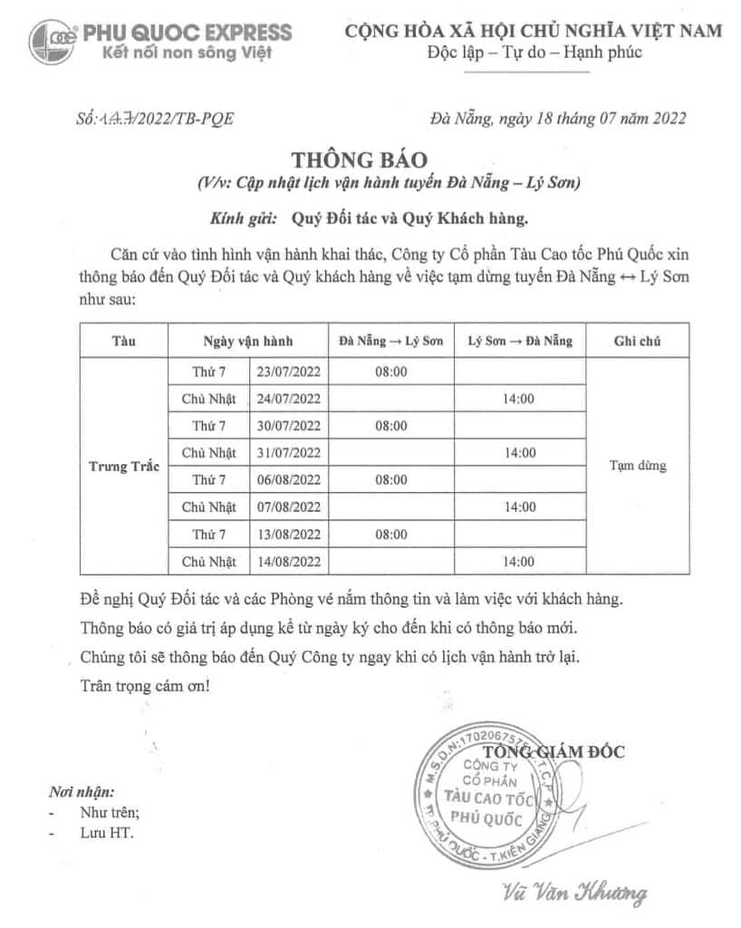 Thông báo tạm dừng khai thác tuyến tàu Đà Nẵng - Lý Sơn